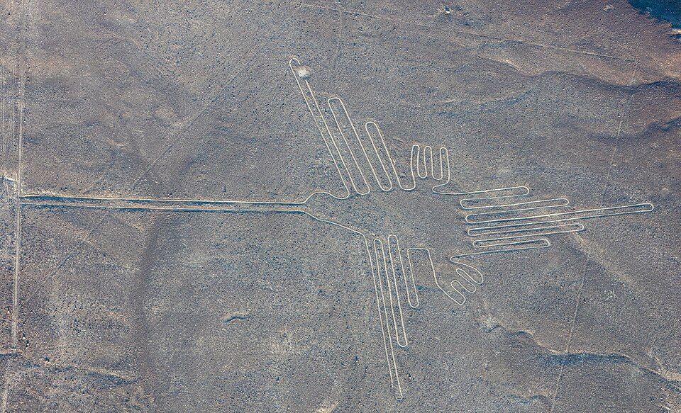 Aerial photo of the Nazca hummingbird geoglyph.