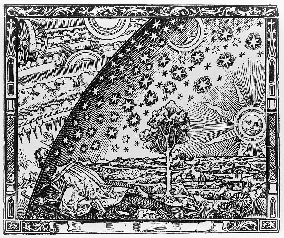 The Flammarion engraving: a traveler on hands and knees pushes his head through the edge of the sky to see the machinery of the heavens beyond a flat world.