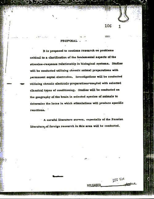 A page from the declassified MKUltra documents: a typed memo with blacked-out lines.
